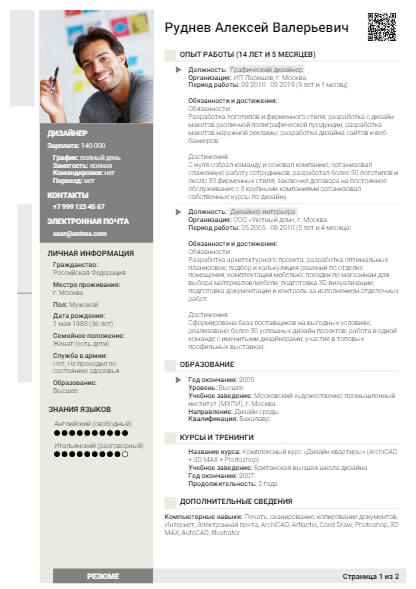 Резюме на должность Дизайнер Дизайнер