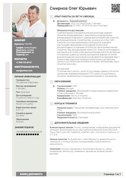 Резюме на должность Инженер Инженер