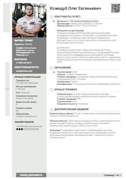 Резюме на должность Фитнес-тренер Фитнес-тренер