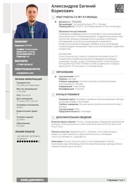 Резюме на должность Психолог Психолог