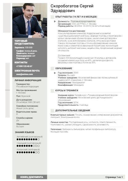 Резюме на должность Торговый представитель Торговый представитель